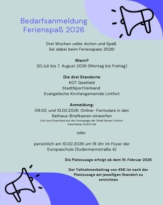 Infos zum Anmeldeverfahren für den Ferienspaß 2026